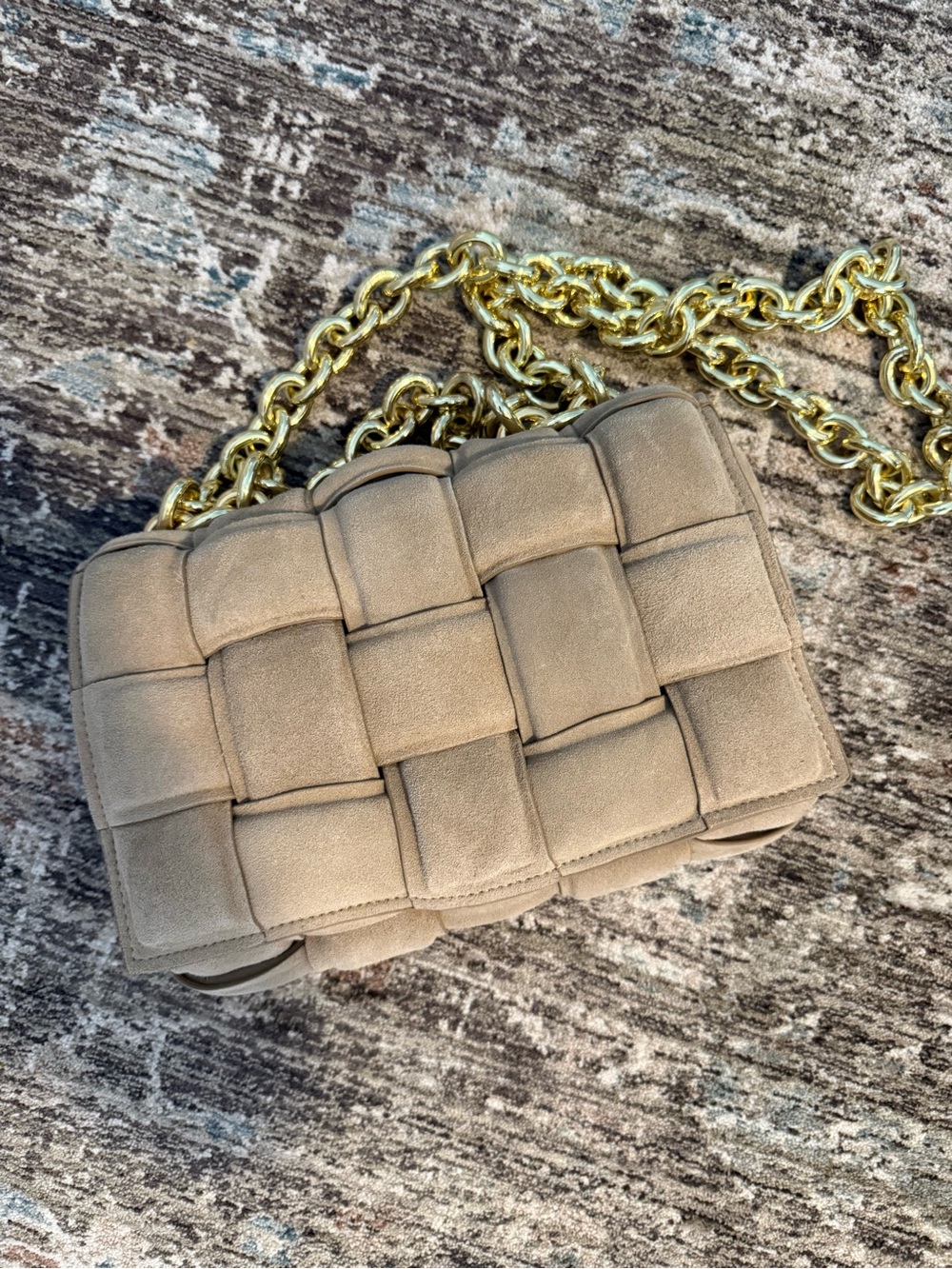 Woven Padded Crossbody Bag in Taupe with Gold Chain